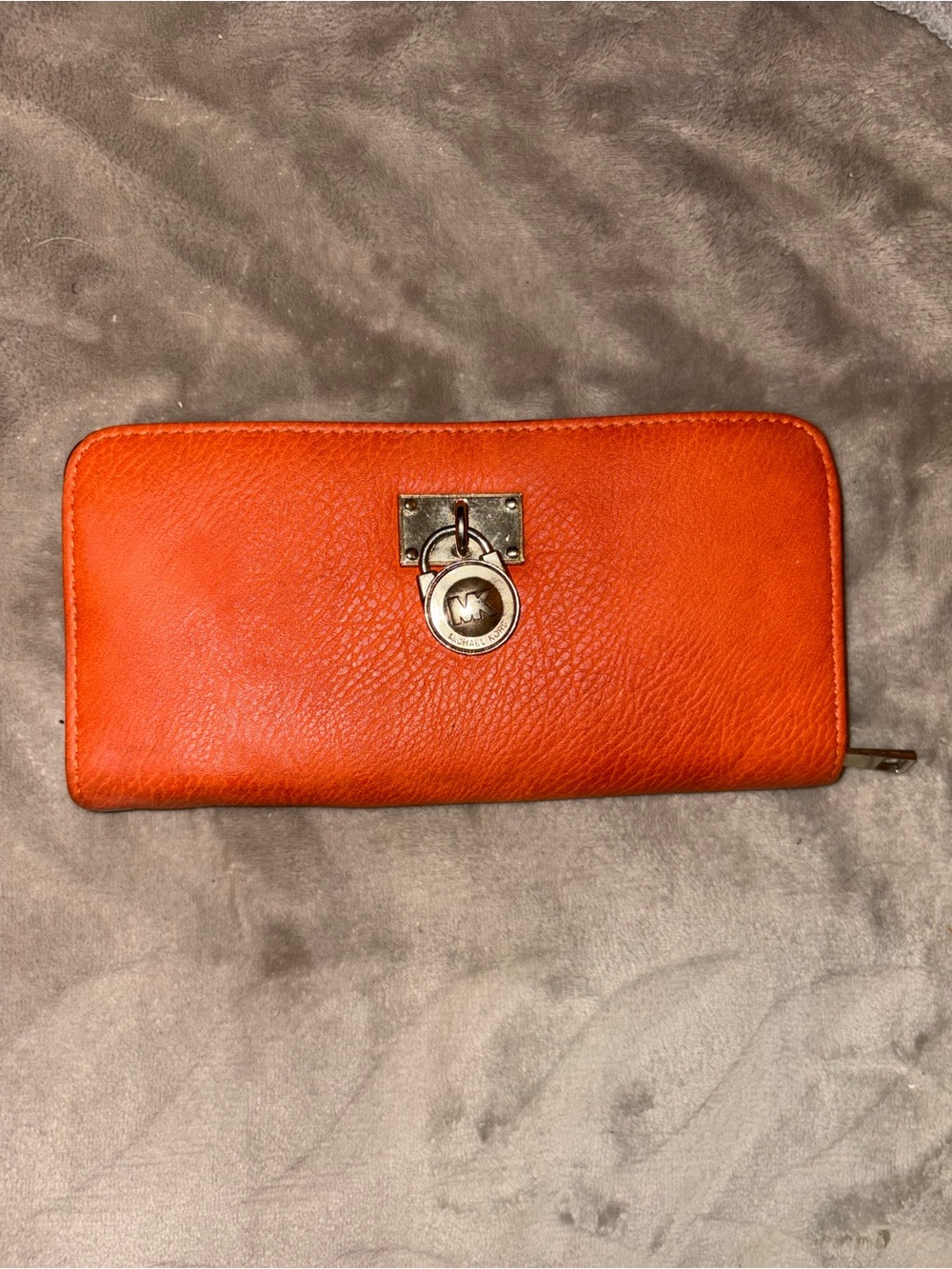 Michael Kors Orange Pebbled Leather Zip-Around Wallet with MK Charm